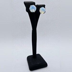 Opalite Glass Faceted Round Stud Earrings Silver Tone